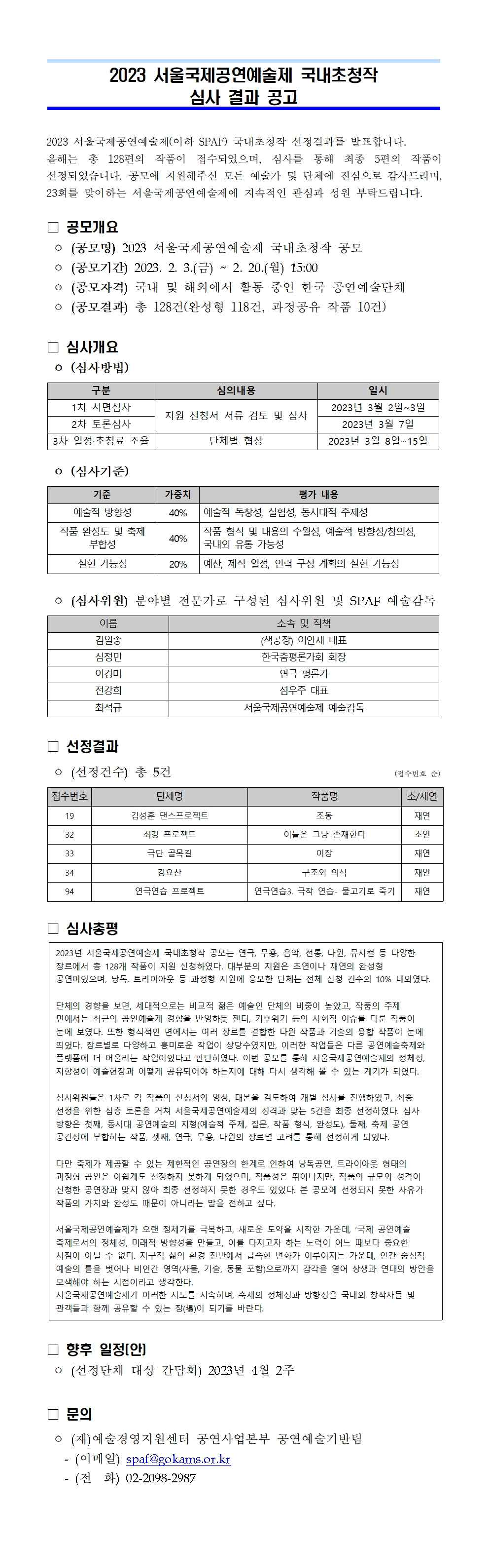 2023 서울국제공연예술제(SPAF) 국내초청작 공모 심사 결과